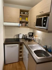 a small kitchen with a sink and a microwave at Cosy Montagne in Valmeinier