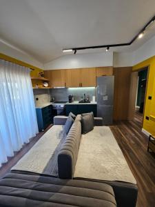 a large couch in a living room with a kitchen at Drion Apartment with lake view in Pogradec