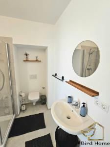 ein Bad mit einem Waschbecken und einem Spiegel in der Unterkunft Bird Home Room 9 in Klagenfurt am Wörthersee