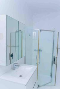 W łazience znajduje się umywalka oraz prysznic z lustrem. w obiekcie MAISON DU LAC -Feel home with opening on Lake Kivu w mieście Rubavu