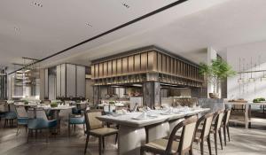 rendering restauracji ze stołami i krzesłami w obiekcie DoubleTree by Hilton Jiangxi Fuzhou w mieście Fuzhou
