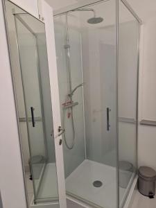 a shower with a glass door in a bathroom at Appartement met prachtig zicht op zee in Ostend
