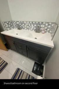 een badkamer met een wastafel in zwart en wit bij Home near University City in Philadelphia