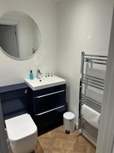 uma casa de banho com um WC, um lavatório e um espelho. em New Sandpiper Apartments em Fleetwood