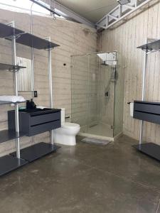 a bathroom with a glass shower and a toilet at Luxury Villa Cañadas in Guadalajara