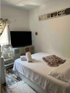 a bedroom with a bed and a flat screen tv at Habitación con baño compartido in Madrid