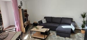 uma sala de estar com um sofá preto e uma mesa em Appartement Kantar - Tout en Rose em Anduze