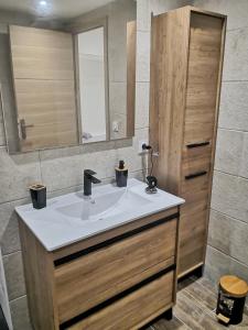 uma casa de banho com um lavatório e um espelho em Bas de Maison em Biguglia