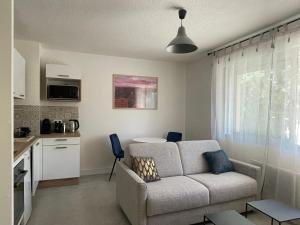 uma sala de estar com um sofá e uma cozinha em Au calme proche centre-ville, studio rénové avec équipements neufs et parking privé em Gap
