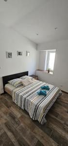 um quarto com uma cama com duas almofadas azuis em Appartement Kantar - Tout en Rose em Anduze