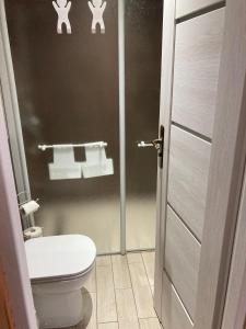 łazienka z toaletą i papierem toaletowym w obiekcie Domek Pod Skałkami w mieście Idzików