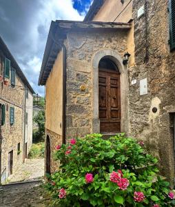 a stone building with a wooden door and pink flowers at Casa Renata in Arcidosso