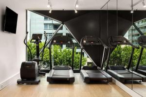 雪梨的住宿－悉尼西部古玩系列希爾頓酒店，健身房设有黑色椅子和大窗户