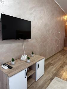 a living room with a flat screen tv on a wall at Apartman San in Ruma