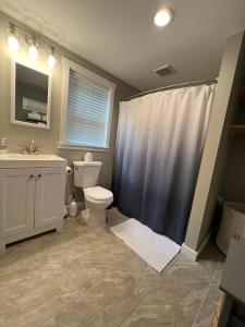 a bathroom with a toilet and a sink and a shower at Riverfront House in Harpers Ferry in Harpers Ferry
