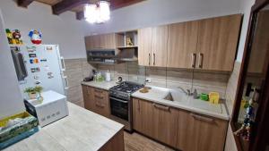 a kitchen with a stove and a sink and a refrigerator at Dursi Home in Drajna de Sus