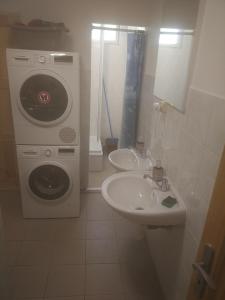 ein Badezimmer mit einer Waschmaschine und einem Waschbecken in der Unterkunft RENA in Prag