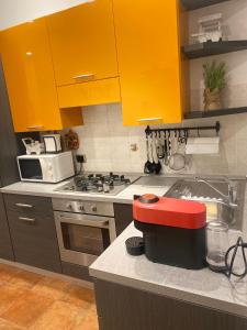 Casa Sofia Lissone في ليسّوني: مطبخ مع دواليب صفراء ومغسلة مطبخ
