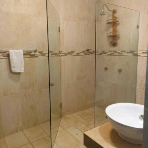 a bathroom with a glass shower and a sink at Departamento 5 Los Corales (tipo estudio) in Mezcales
