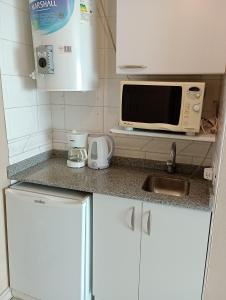 una pequeña cocina con microondas y fregadero en MZA Departamentos en Mendoza