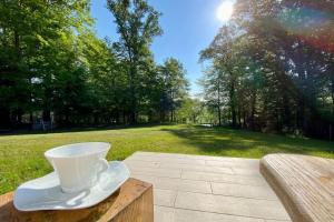 eine Tasse und eine Untertasse auf einem Tisch mit Blick auf einen Park in der Unterkunft Le Cottage proche du Golf in Panazol