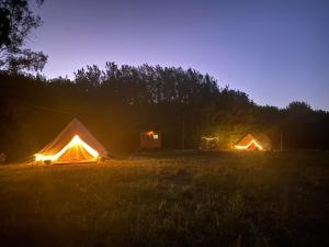 two tents sitting in a field at night at Colorado Glamping in Montevideo