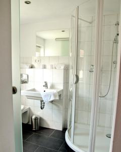 a bathroom with a shower and a sink at Gasthaus Zum Ochsen in Hochstadt +25 photos