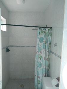 a bathroom with a shower curtain and a toilet at Habitaciones amuebladas. Poliforum/Centro in León