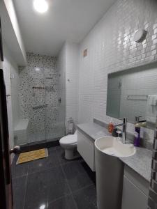 een badkamer met een wastafel, een toilet en een spiegel bij Grand Bay Tower in Panama-Stad
