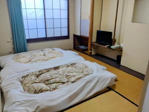 een ziekenhuiskamer met 2 bedden en een televisie bij Taiya Ryokan in Fuji