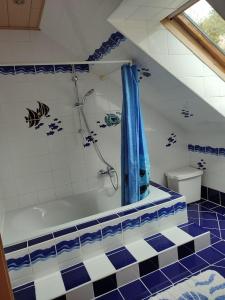 a bathroom with a shower and a blue shower curtain at Ferienhaus Schöller in Schönbach