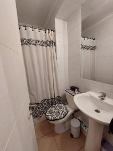 Baño blanco con aseo y lavamanos en Departamento buena ubicación y completamente equipado, en Santiago