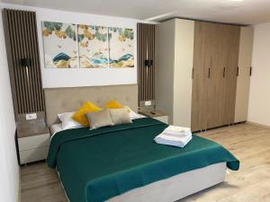 a bedroom with a bed with a green blanket at Balkanic Villa Bran in Bran