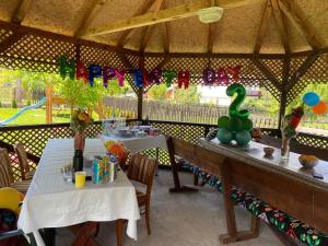 a gazebo with two tables and a birthday party at Balkanic Villa Bran in Bran