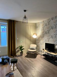 ein Wohnzimmer mit einem Stuhl und einem TV in der Unterkunft Appartement Cosy in La Châtre