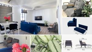 un collage de fotos de una sala de estar con muebles azules en Appartement au centre ville en Lourdes