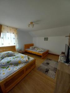 a bedroom with two beds and a window at CASA LAVINIA CRASNA GORJ in Crasna