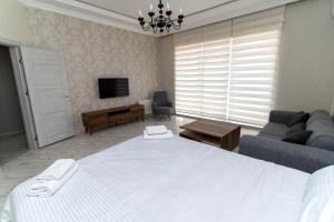 1 dormitorio con cama, sofá y TV en Rest House, en İsmayıllı