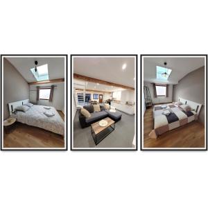 três fotografias de um quarto e uma sala de estar em Le Bareyre - Grande Maison avec terrasse em Saint-Sandoux