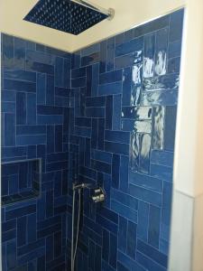 ein blau gefliestes Bad mit einer Dusche in der Unterkunft Casa Mylai in Castelmola