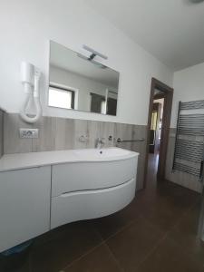 een badkamer met een witte wastafel en een spiegel bij VERDELAGO Appartamenti e CASA CRY in Livigno