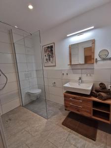 uma casa de banho com um chuveiro, um lavatório e um WC. em Feine Bleibe em Eben im Pongau
