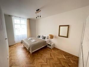 a bedroom with a bed and a mirror on the wall at Friendly apartments in Prague in Prague