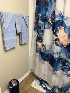 uma casa de banho com uma cortina de chuveiro em Beautiful Cozy Apartment ! em Oak Park