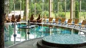 una piscina con sillas y una mesa en un edificio en Harmony Park Countryside Villas & SPA en Prienai