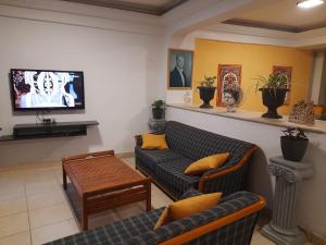 a living room with couches and a flat screen tv at Ephesian Hotel & Guesthouse in Kusadası