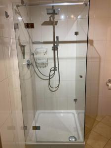 W łazience znajduje się prysznic ze szklanymi drzwiami. w obiekcie Riverside w Alpbach