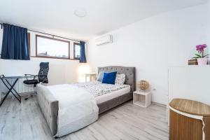 um quarto com uma cama, uma secretária e uma mesa em Central Apartment 2BD Next to Vitosha Bul. em Sófia