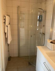 a bathroom with a shower with a glass door at Stuga Ljungsjön in Falkenberg