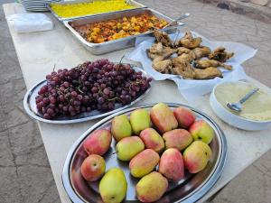 una mesa cubierta con placas de uvas y otros alimentos en Fox Camp (Moses Lodge) en Saint Catherine